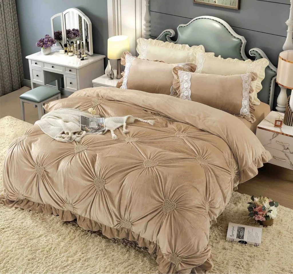 Reduceri de Toamna 2025 Lenjerie dublă din catifea cu broderie Deluxe Bej JLCBej