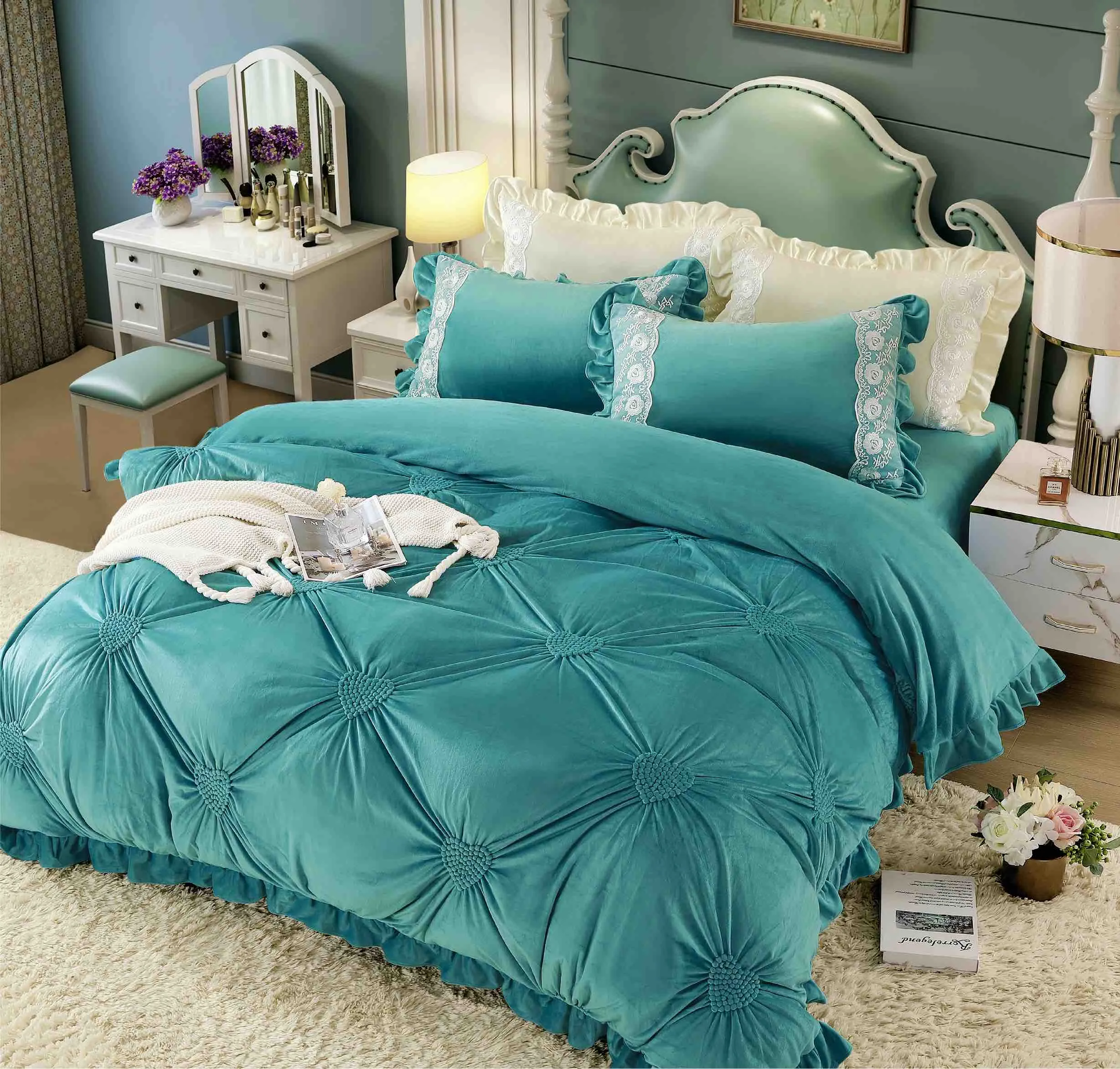 Lenjerie dublă din catifea cu broderie Deluxe Turcoaz JLCD-Turcoaz Lenjerie dublă din catifea cu broderie Deluxe Turcoaz JLCD-Turcoaz