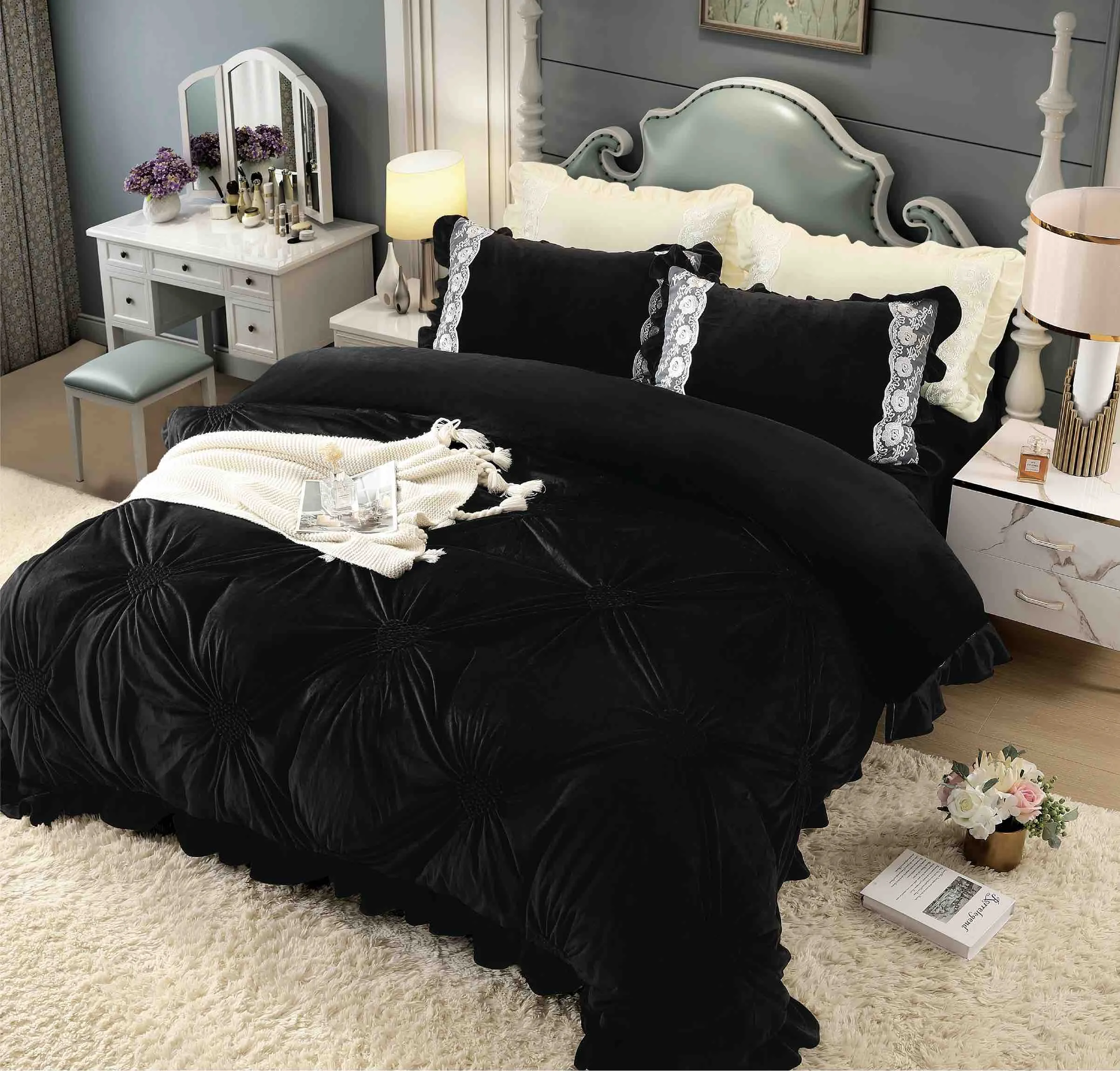 Lenjerie dublă din catifea cu broderie Deluxe Negru JLCD-Negru Lenjerie dublă din catifea cu broderie Deluxe Negru JLCD-Negru