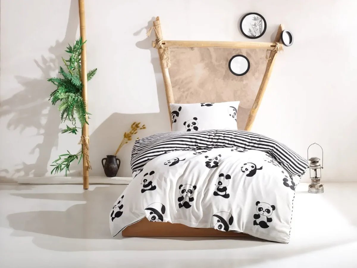 Lenjerie pat single EnLora Home 2 piese Panda Black White