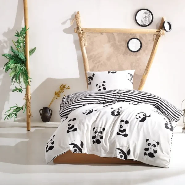 Lenjerie pat single EnLora Home 2 piese Panda Black White