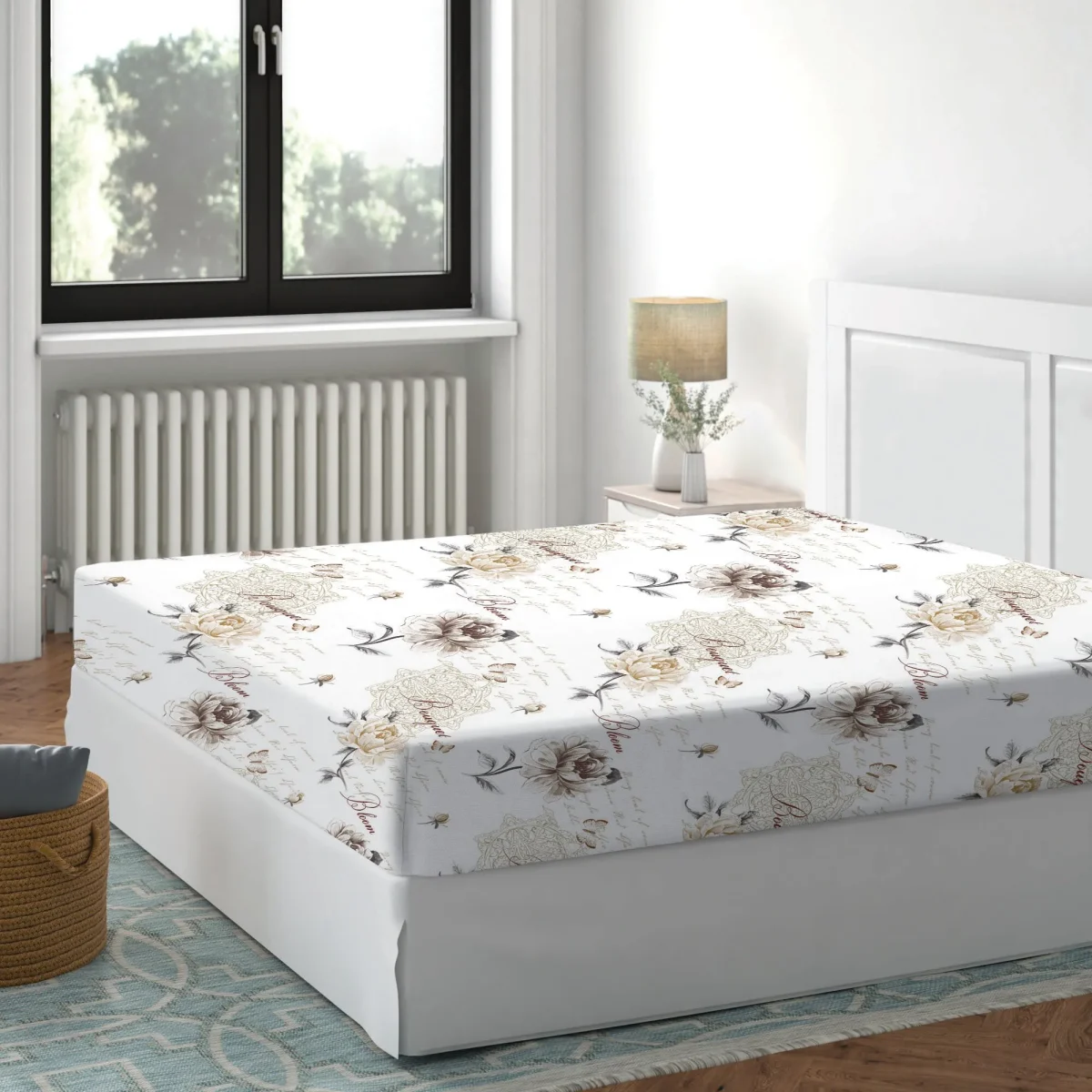 Cearceaf cu elastic 160x200cm Floral Bej Deluxe Pucioasa