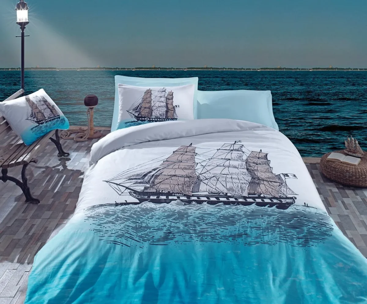 Lenjerie de pat o persoana 3 piese 100% bumbac ranforce Cotton Box Ship Blue