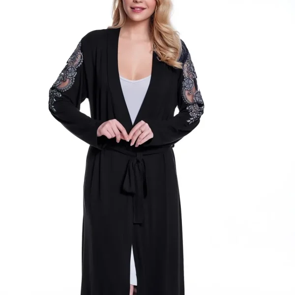 Set camasa de noapte si halat de casa 100% bambus Luisa Moretti 38/40 M Negru/Argintiu