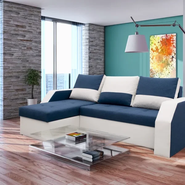 Coltar extensibil si reversibil Madrid 226x145x79cm 2 lazi depozitare Alb/Albastru petrol