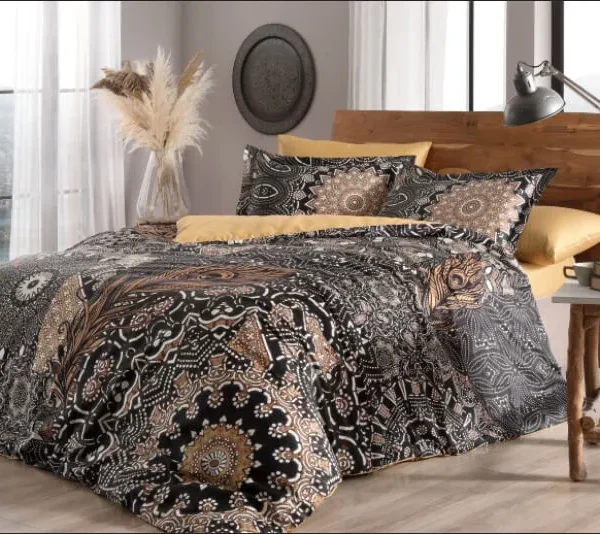 Lenjerie TAC King size 6 piese bumbac dublu satinat Digital Nelle Coffee