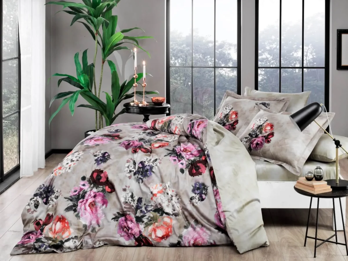 Lenjerie TAC King size 6 piese bumbac dublu satinat Digital Selva Beige