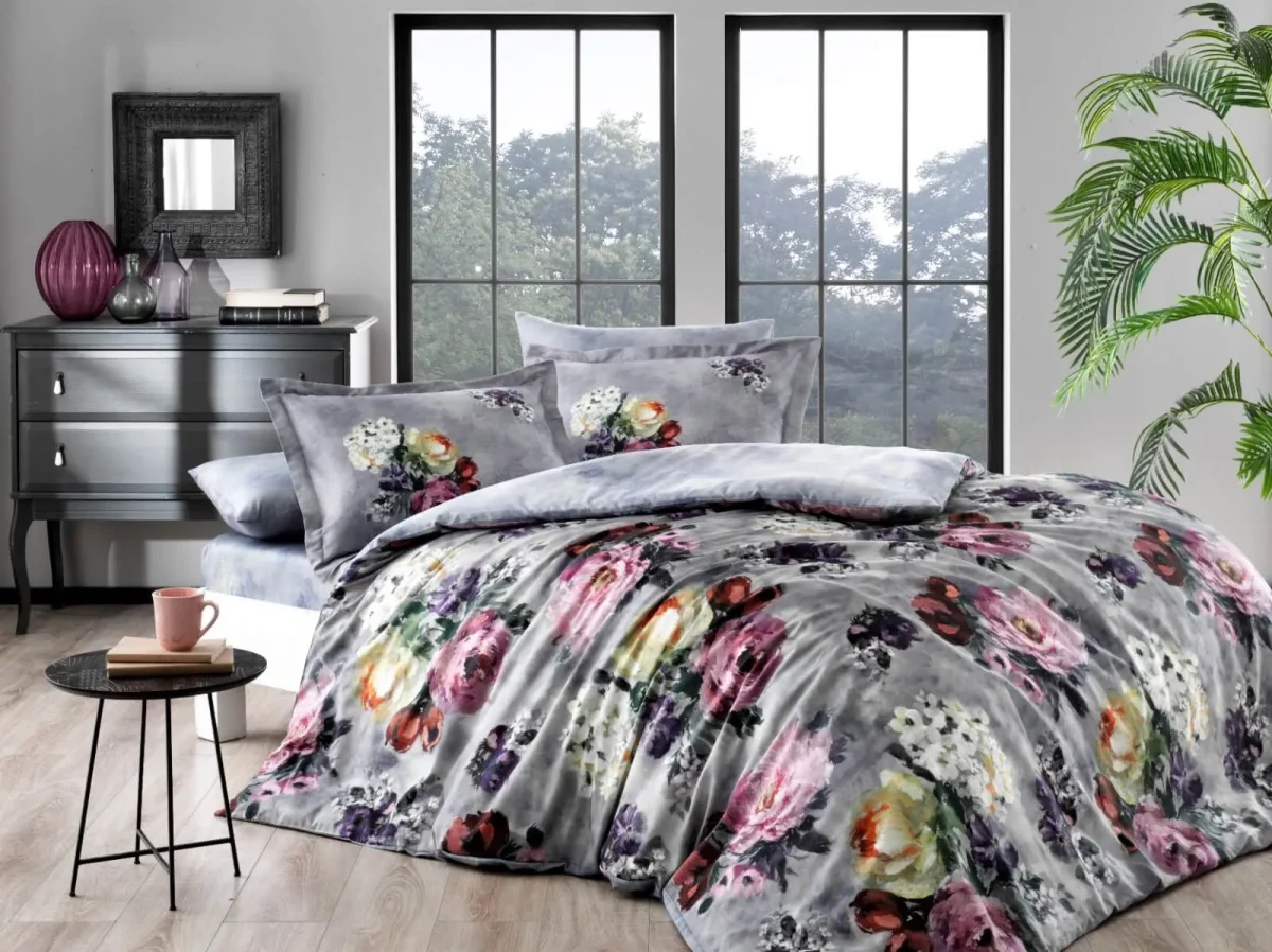Lenjerie TAC King size 6 piese bumbac dublu satinat Digital Selva Grey
