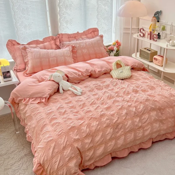 Lenjerie creponata king size bumbac 6 piese Roz