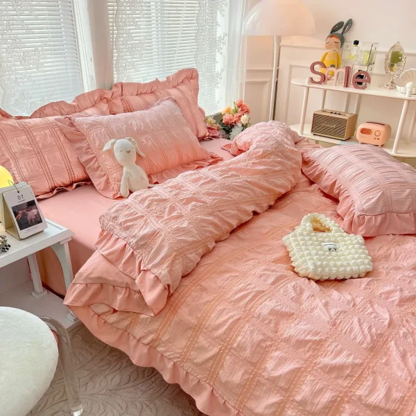 Lenjerie creponata king size bumbac 6 piese Roz