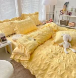 Lenjerie creponata king size bumbac 6 piese Galben