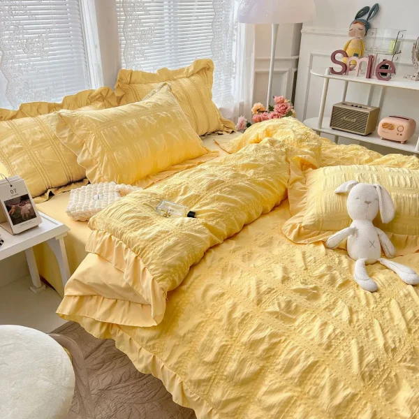 Lenjerie creponata king size bumbac 6 piese Galben