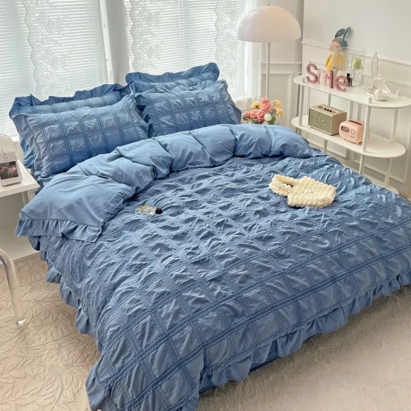 Lenjerie creponata king size bumbac 6 piese Albastru