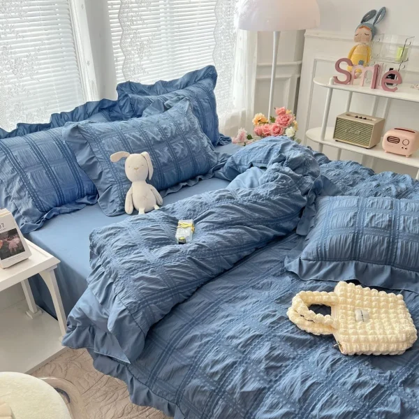Lenjerie creponata king size bumbac 6 piese Albastru