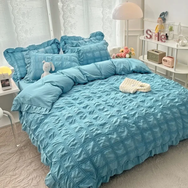 Lenjerie creponata king size bumbac 6 piese Turcoaz