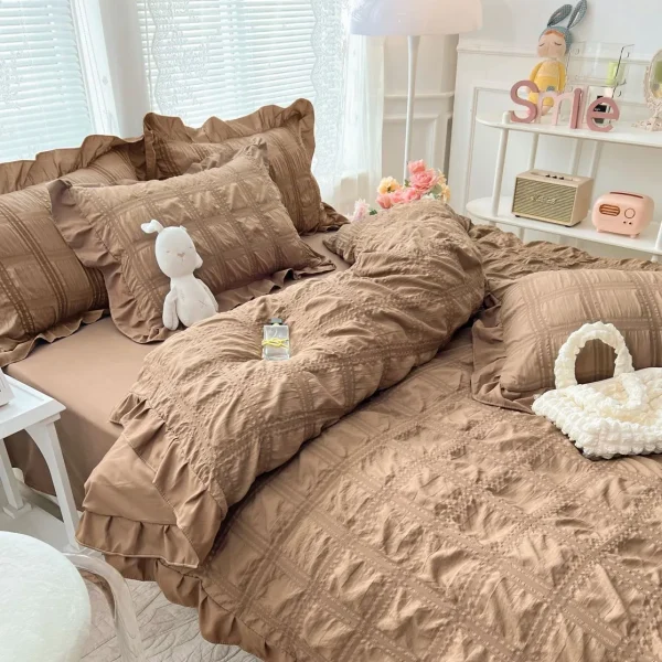 Lenjerie creponata king size bumbac 6 piese Bej