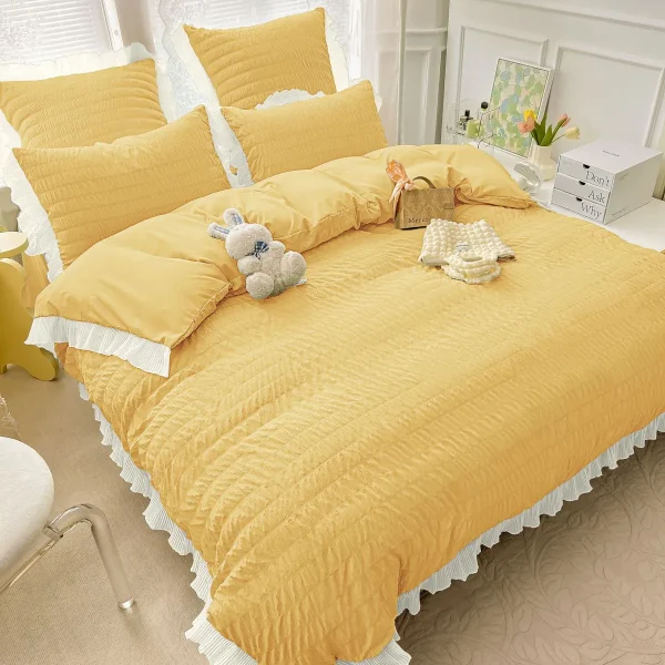 Lenjerie creponata king size bumbac 6 piese Galben