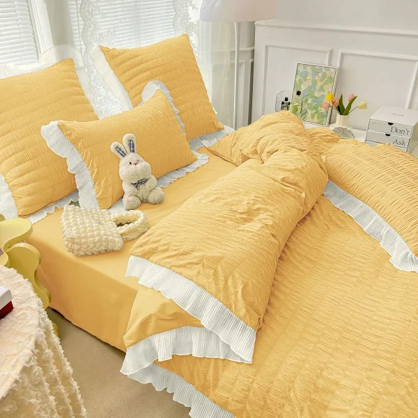 Lenjerie creponata king size bumbac 6 piese Galben