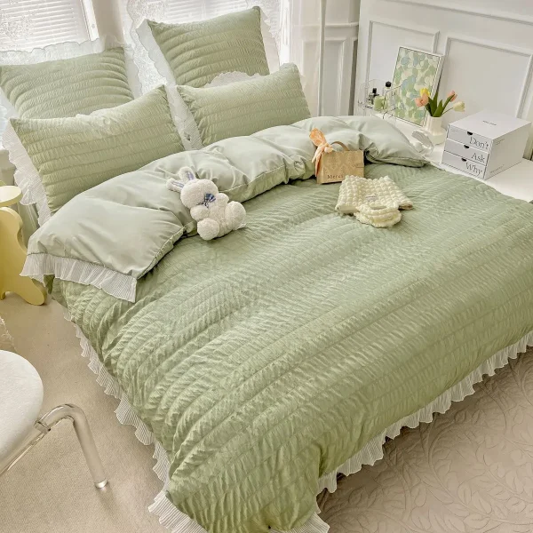 Lenjerie creponata king size bumbac 6 piese Verde