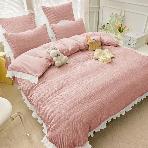 Lenjerie creponata king size bumbac 6 piese Roz