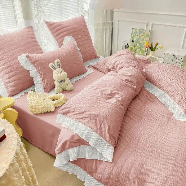 Lenjerie creponata king size bumbac 6 piese Roz