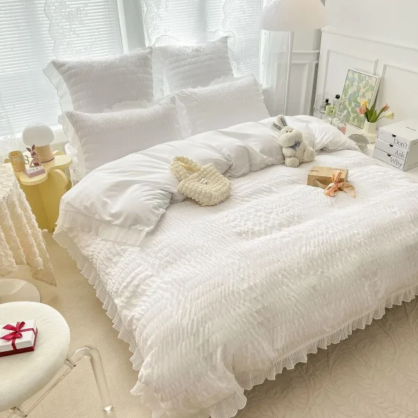 Lenjerie creponata king size bumbac 6 piese Alb