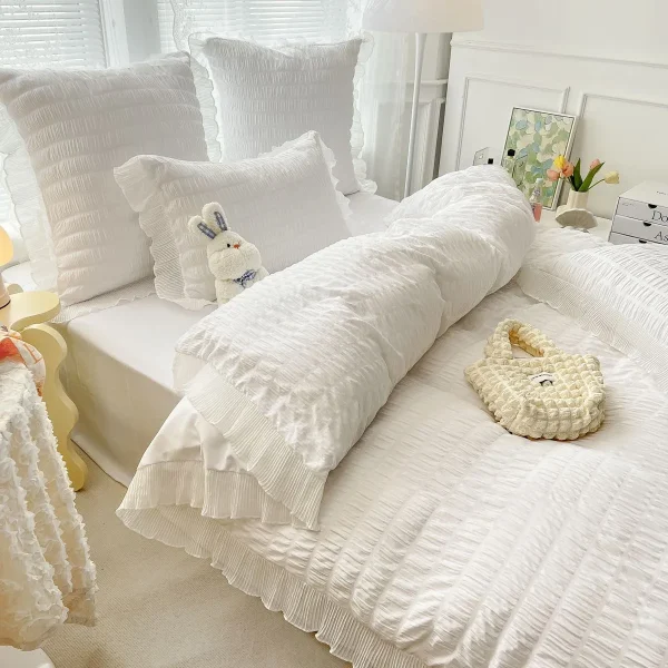 Lenjerie creponata king size bumbac 6 piese Alb