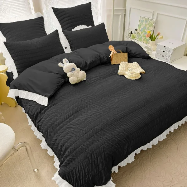 Lenjerie creponata king size bumbac 6 piese Negru