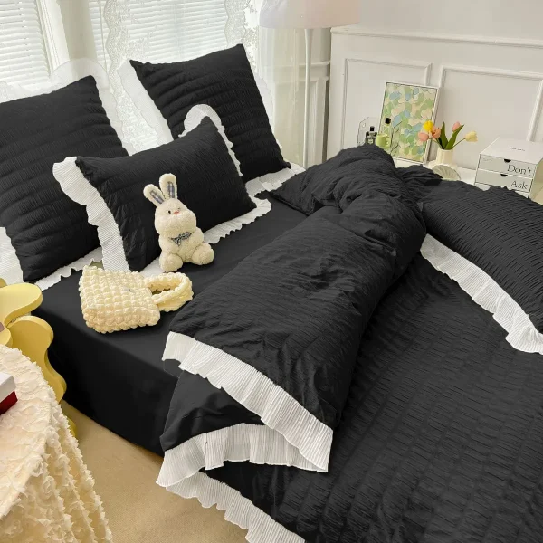 Lenjerie creponata king size bumbac 6 piese Negru