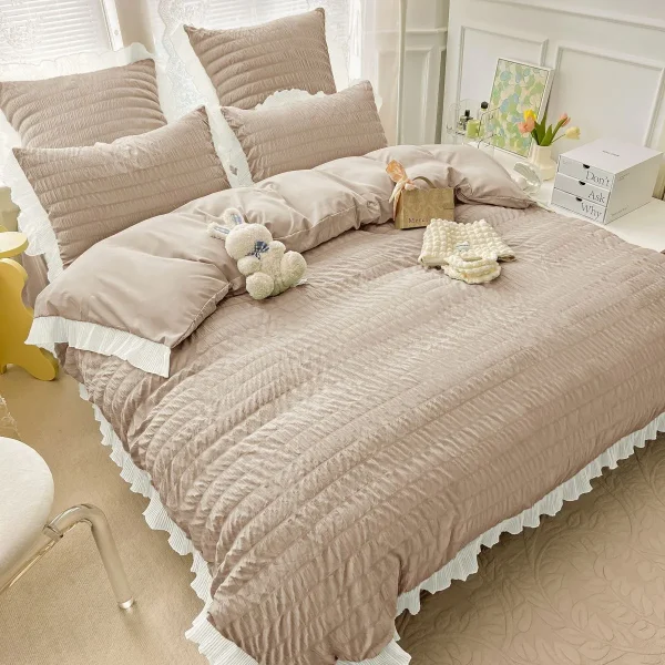 Lenjerie creponata king size bumbac 6 piese Crem