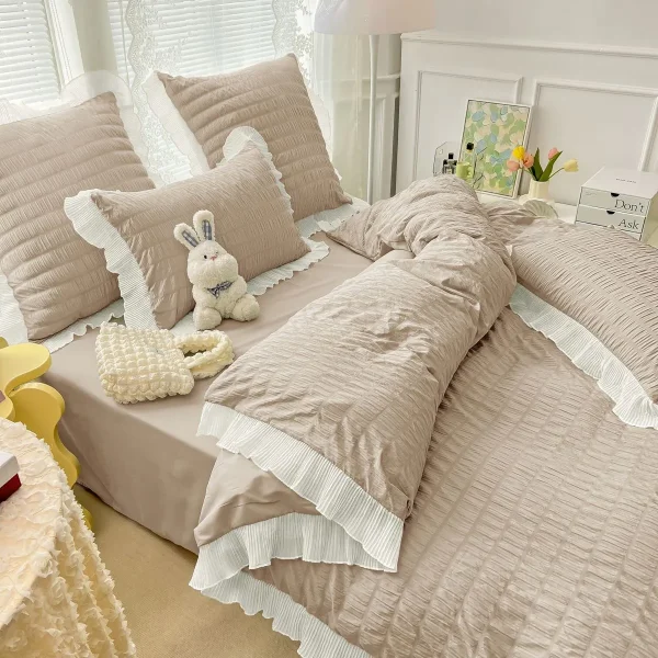 Lenjerie creponata king size bumbac 6 piese Crem