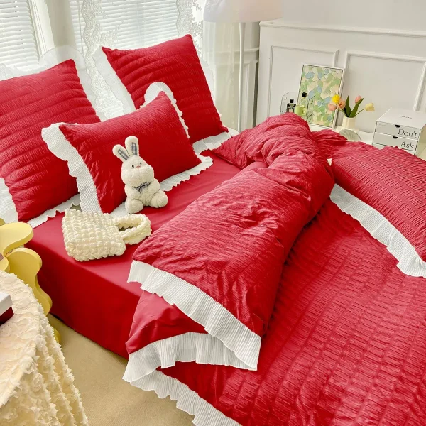 Lenjerie creponata king size bumbac 6 piese Rosu