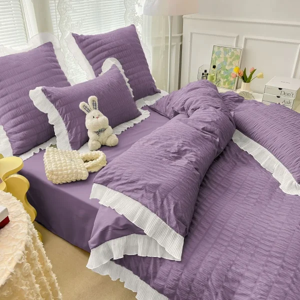 Lenjerie creponata king size bumbac 6 piese Mov