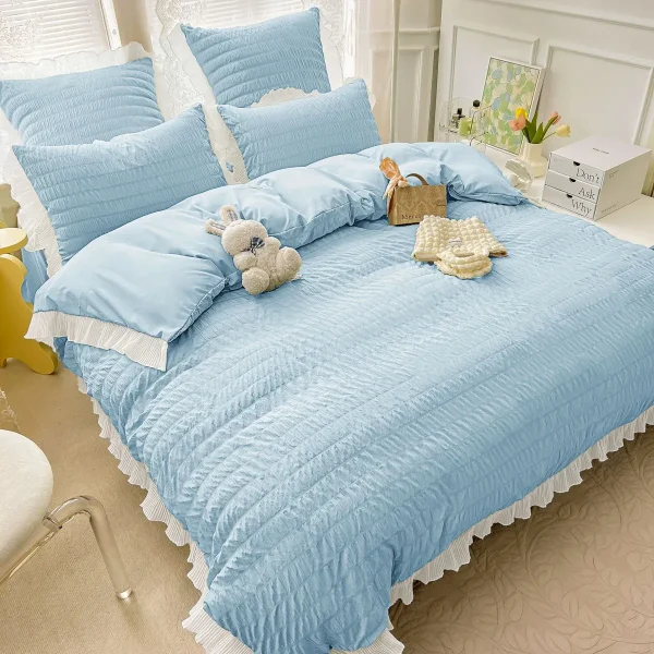 Lenjerie creponata king size bumbac 6 piese Bleu