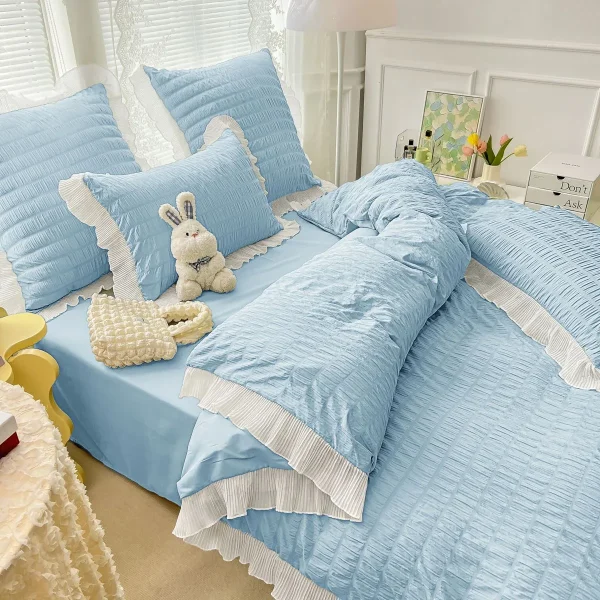 Lenjerie creponata king size bumbac 6 piese Bleu