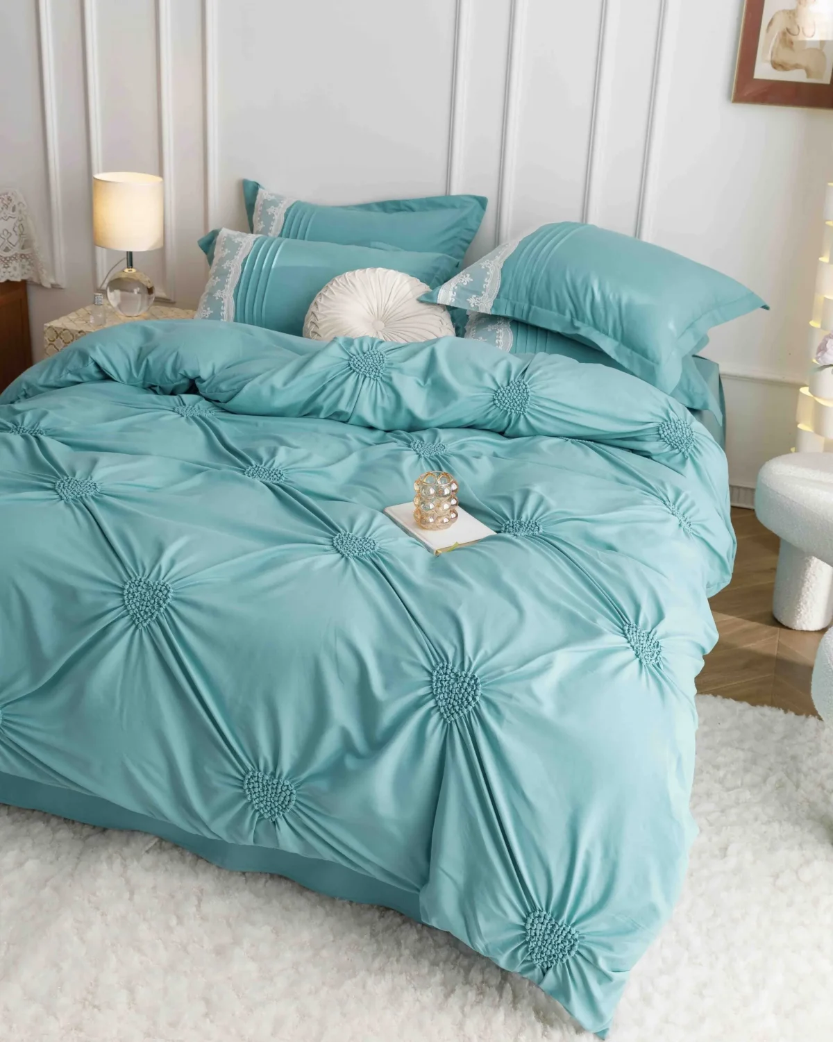Lenjerie dublă finet cu broderie Deluxe 6 piese Bleu JLFIBB