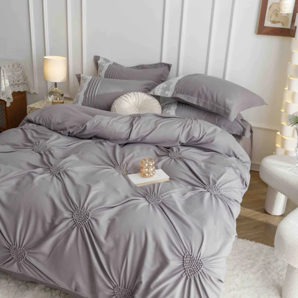 Lenjerie dublă finet cu broderie Deluxe 6 piese Gri Deschis JLFIBGD
