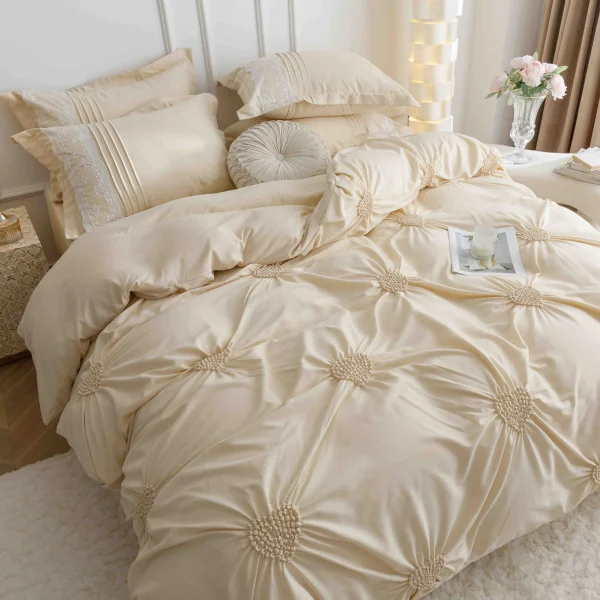 Lenjerie dublă finet cu broderie Deluxe 6 piese Crem JLFIBC