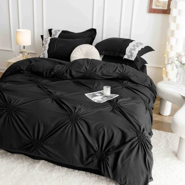 Lenjerie dublă finet cu broderie Deluxe 6 piese Negru JLFIBN