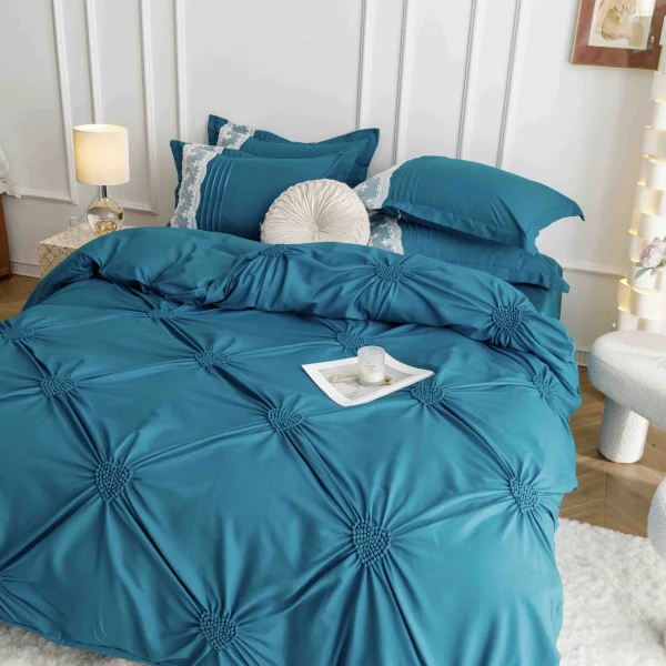 Lenjerie dublă finet cu broderie Deluxe 6 piese Albastru JLFIBA