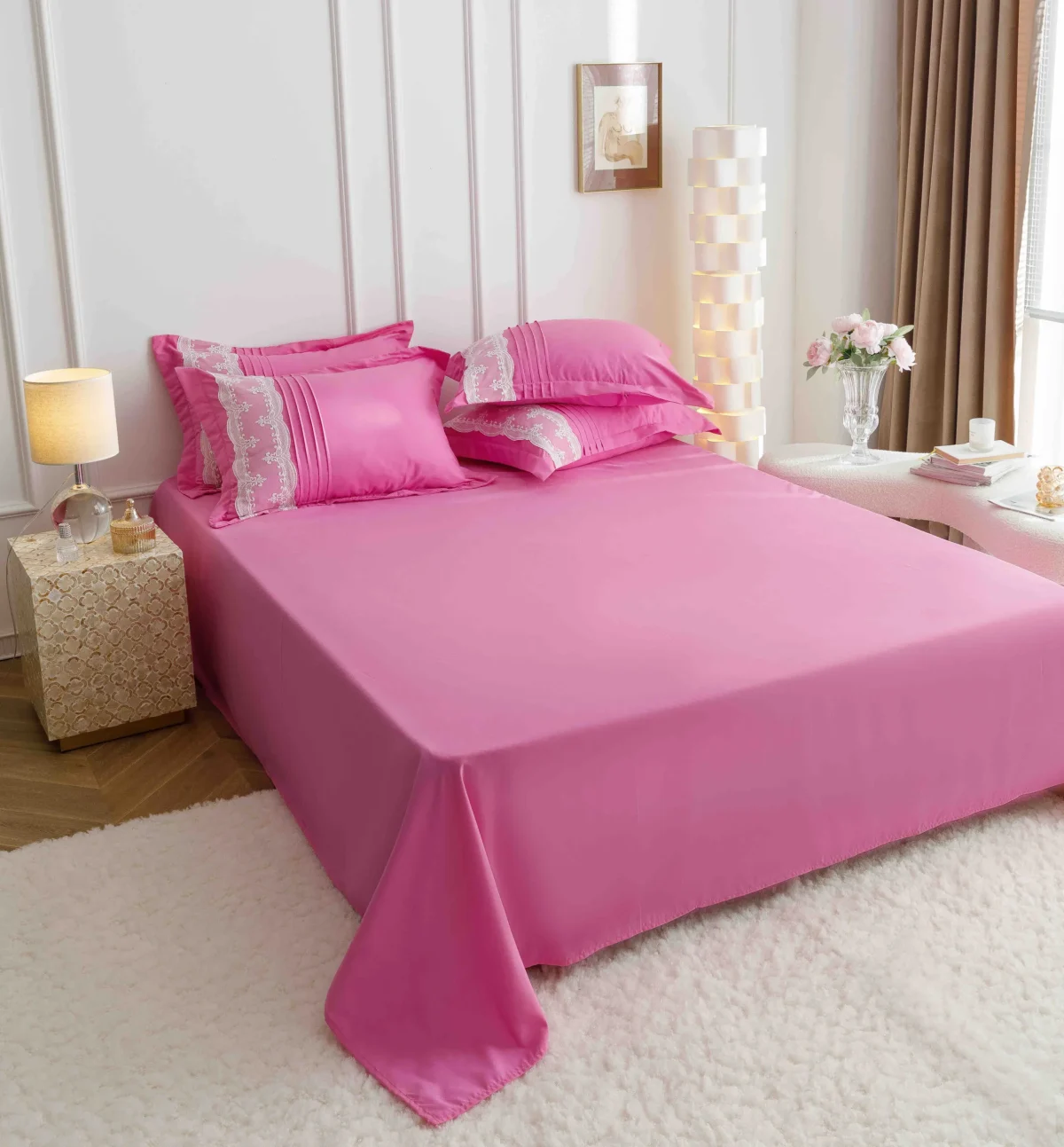 Lenjerie dublă finet cu broderie Deluxe 6 piese Fuchsia JLFIBF