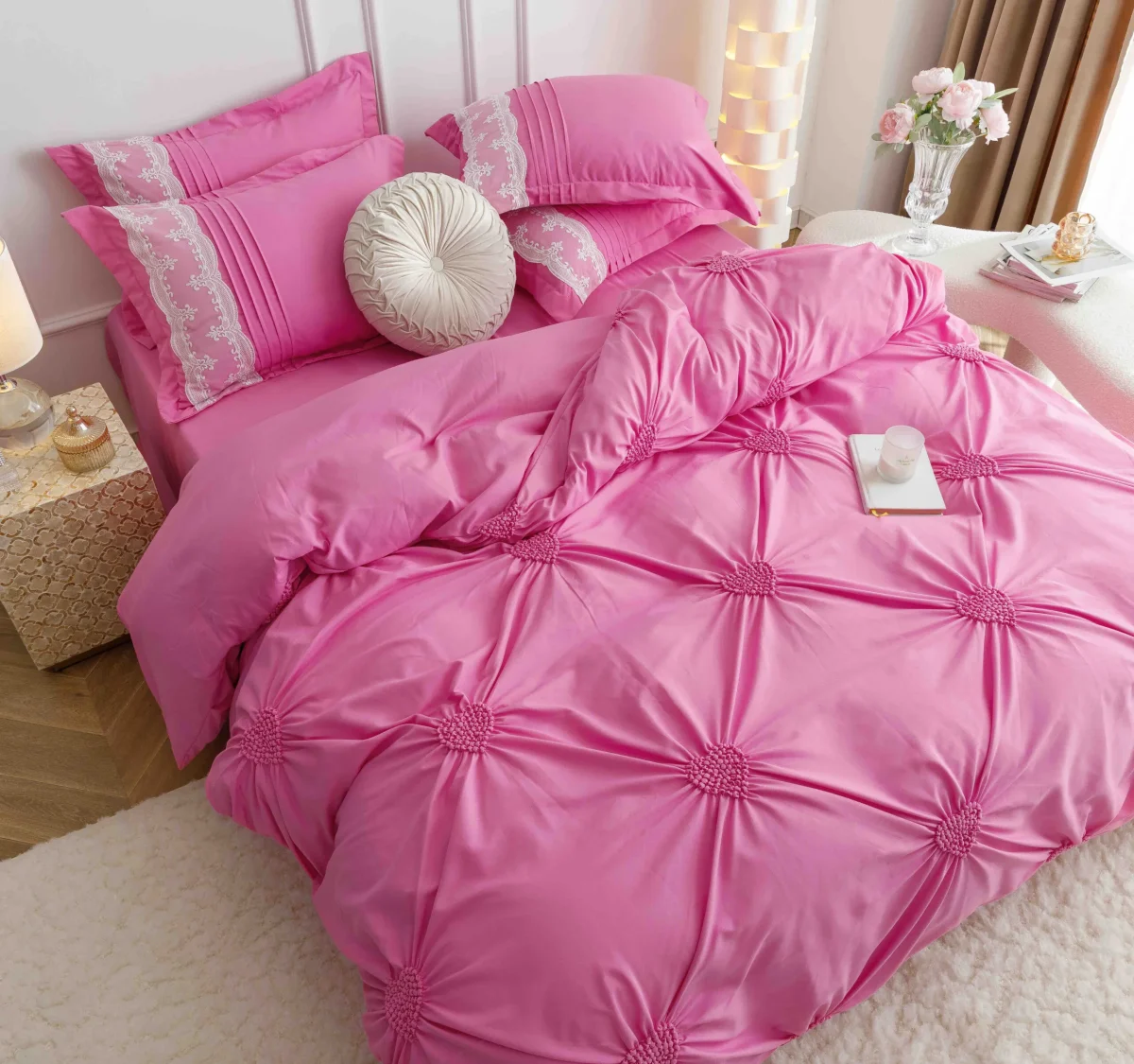 Lenjerie dublă finet cu broderie Deluxe 6 piese Fuchsia JLFIBF