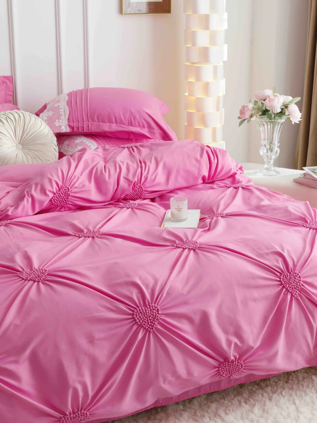 Lenjerie dublă finet cu broderie Deluxe 6 piese Fuchsia JLFIBF