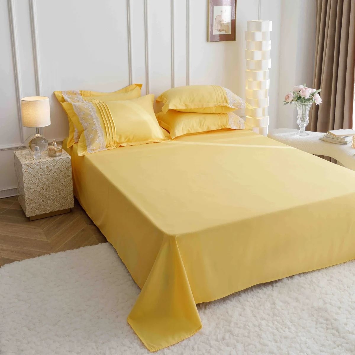 Lenjerie dublă finet cu broderie Deluxe 6 piese Galben JLFIBGA