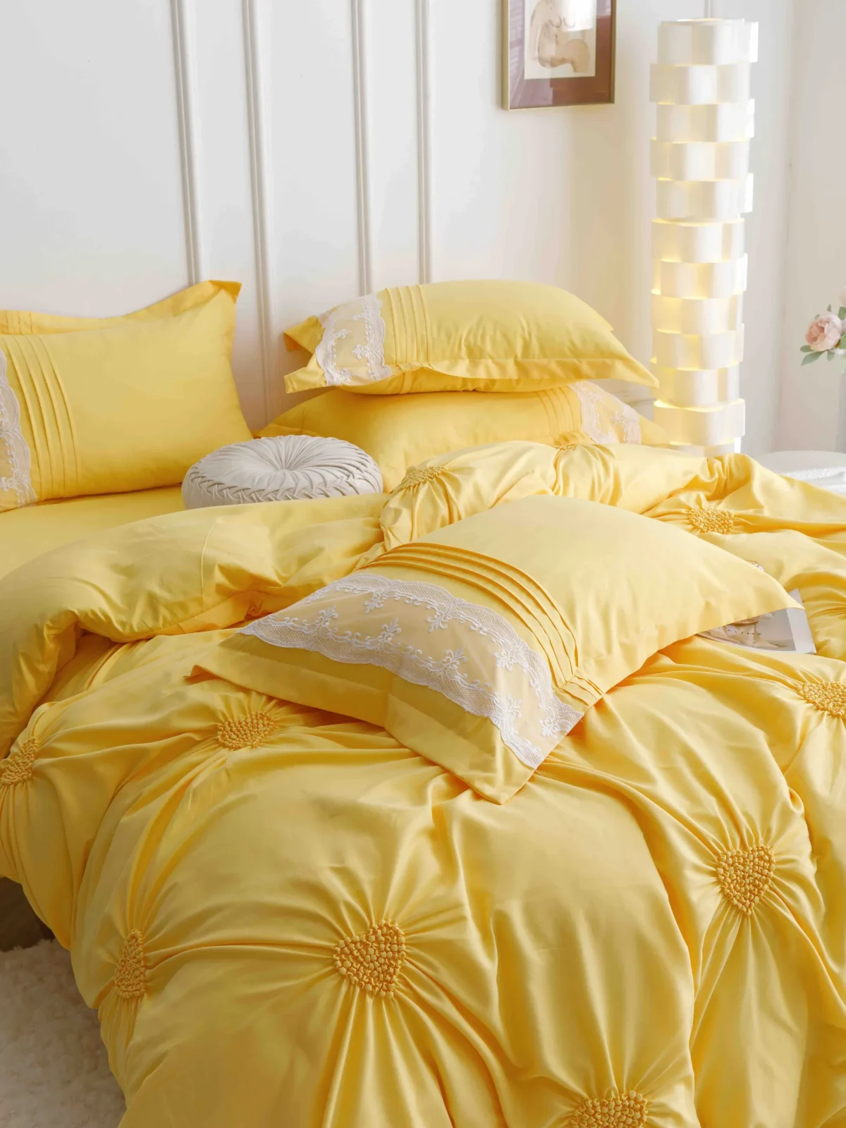 Lenjerie dublă finet cu broderie Deluxe 6 piese Galben JLFIBGA