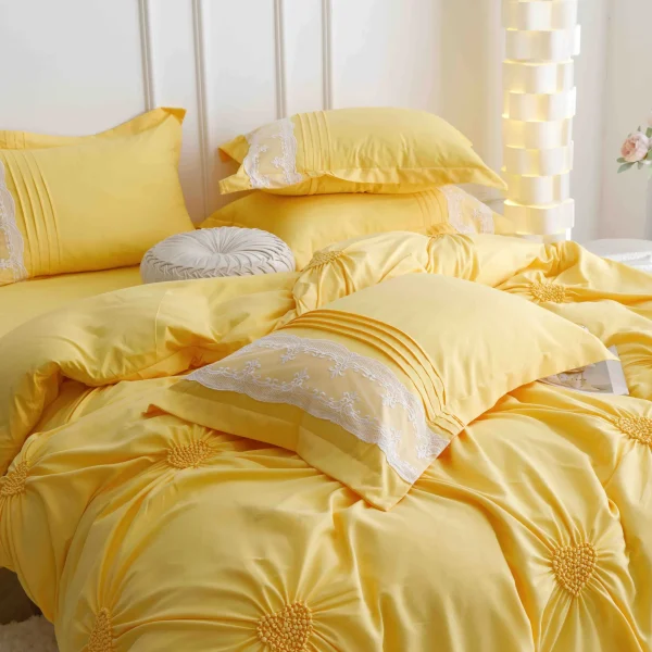 Lenjerie dublă finet cu broderie Deluxe 6 piese Galben JLFIBGA