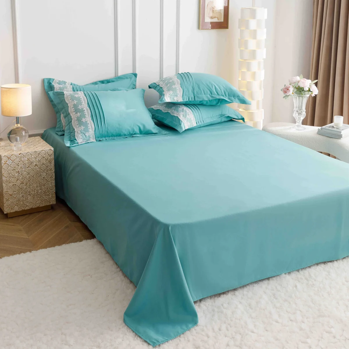 Lenjerie dublă finet cu broderie Deluxe 6 piese Bleu JLFIBB