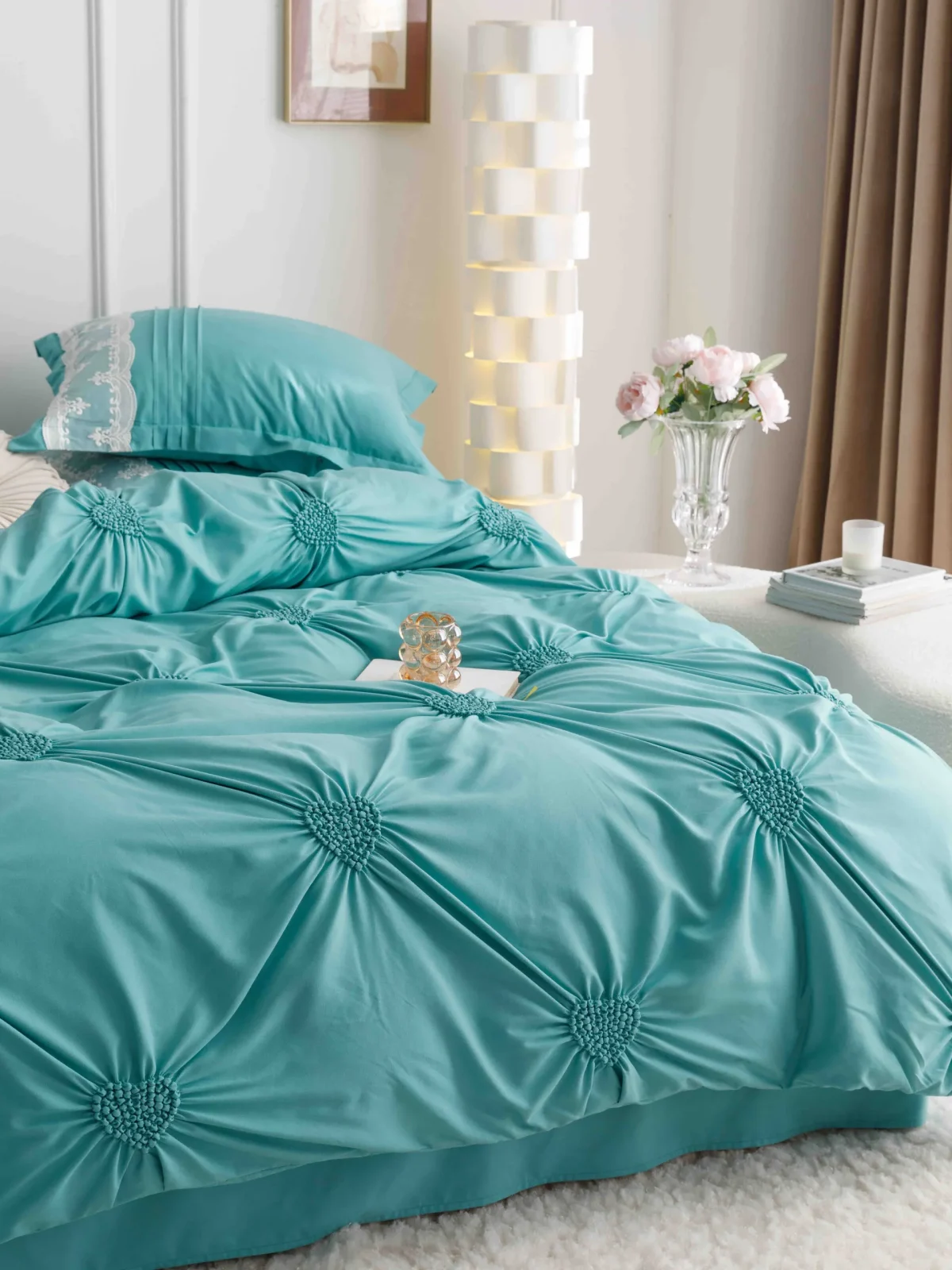 Lenjerie dublă finet cu broderie Deluxe 6 piese Bleu JLFIBB