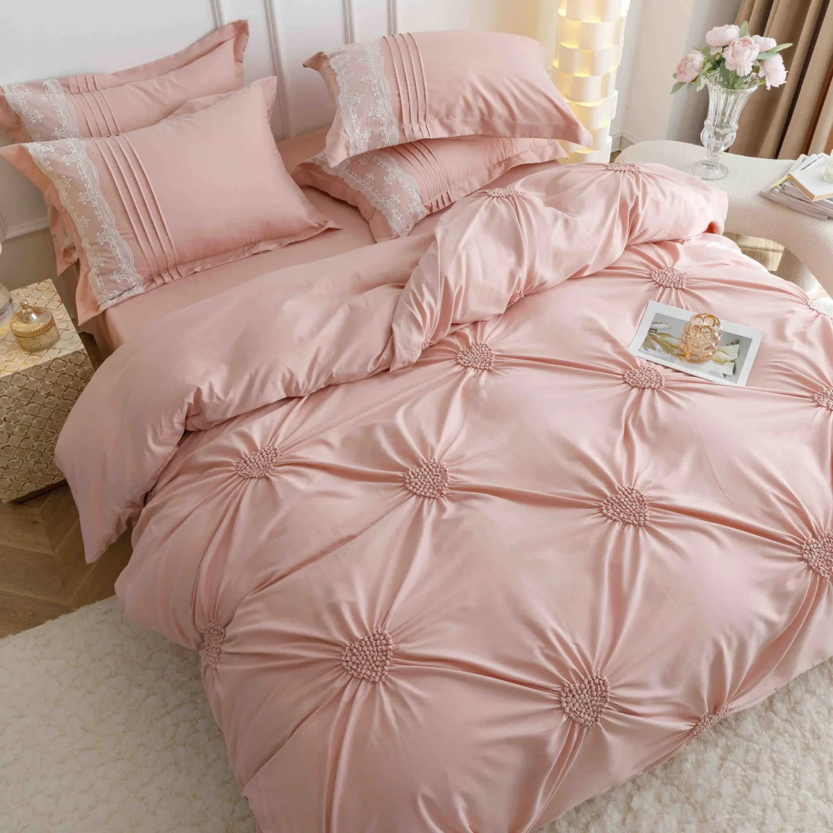 Lenjerie dublă finet cu broderie Deluxe 6 piese Peach JLFIBP