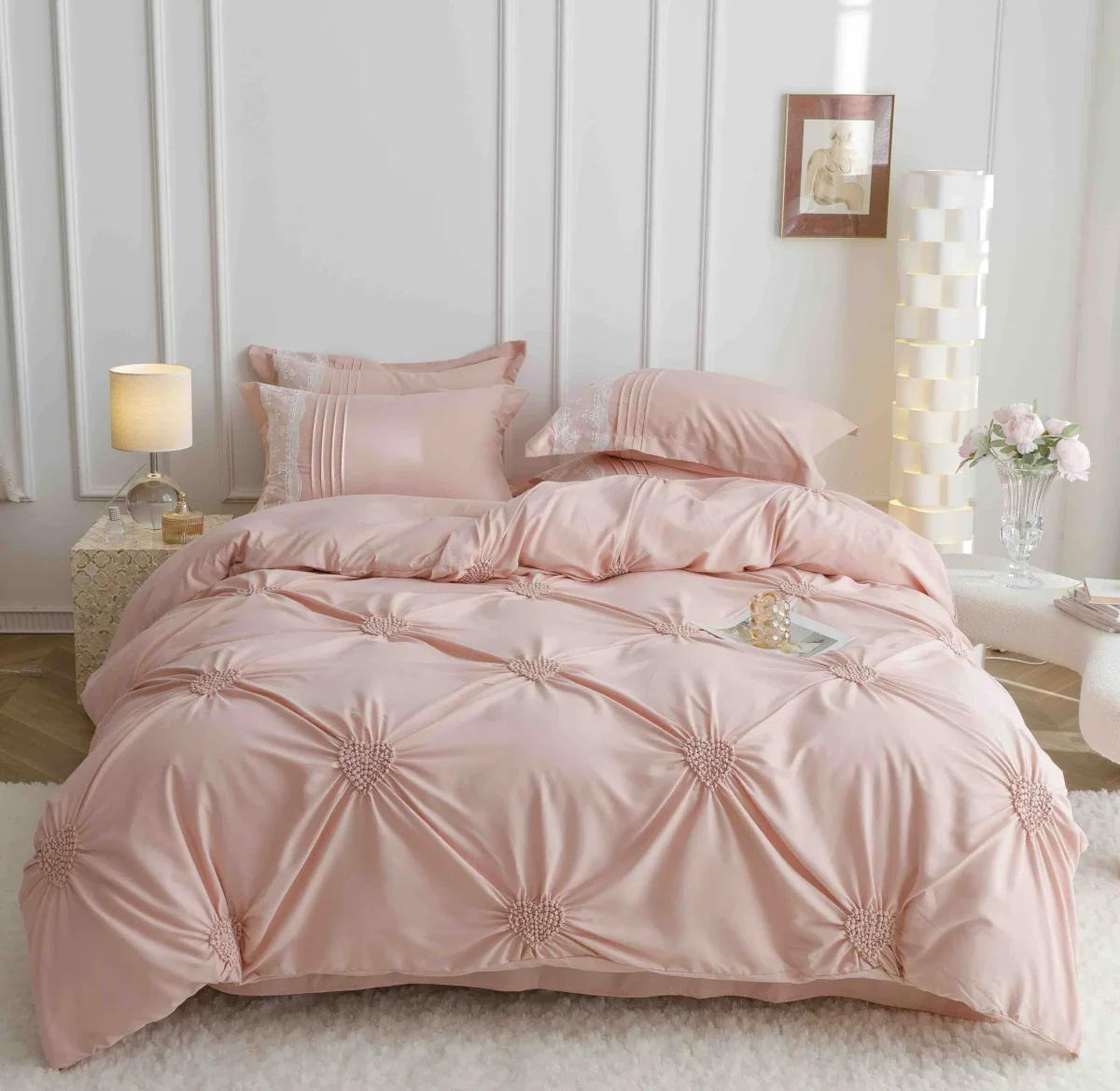 Lenjerie dublă finet cu broderie Deluxe 6 piese Peach JLFIBP